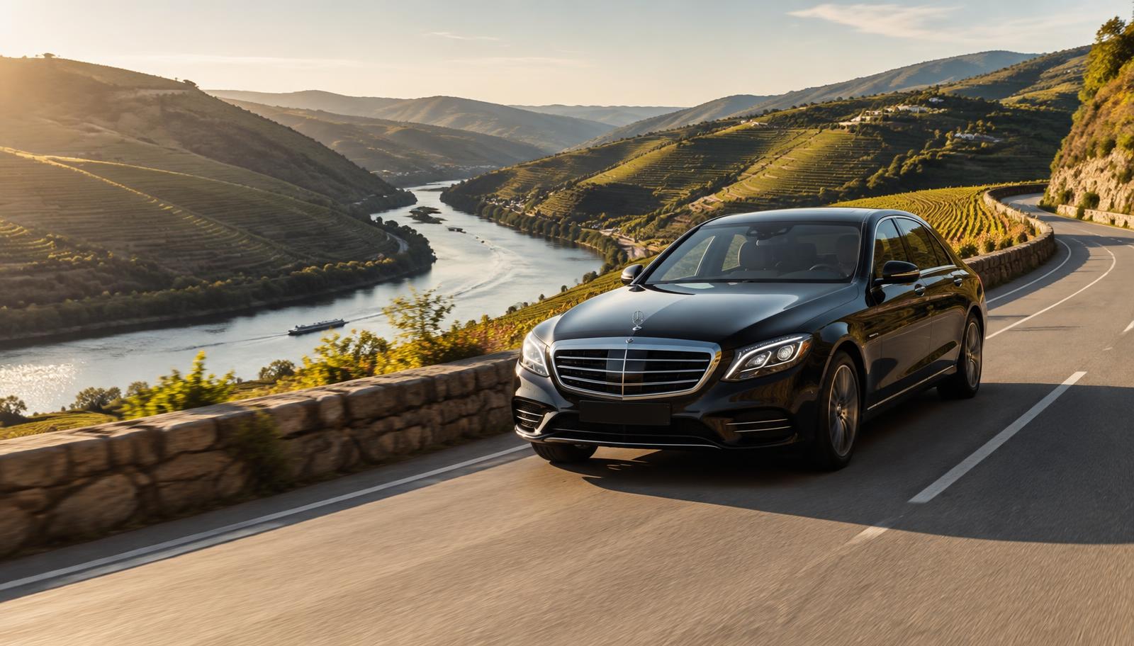 Black Mercedes-Benz on a road above the Douro Valley vineyards